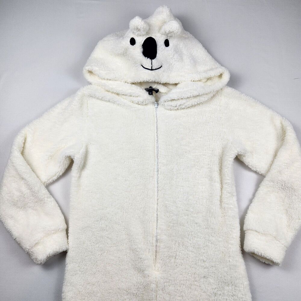 PrettyLittleThing Polar Bear Fuzzy Hooded One Piece Women M Cream Zip Loungewear